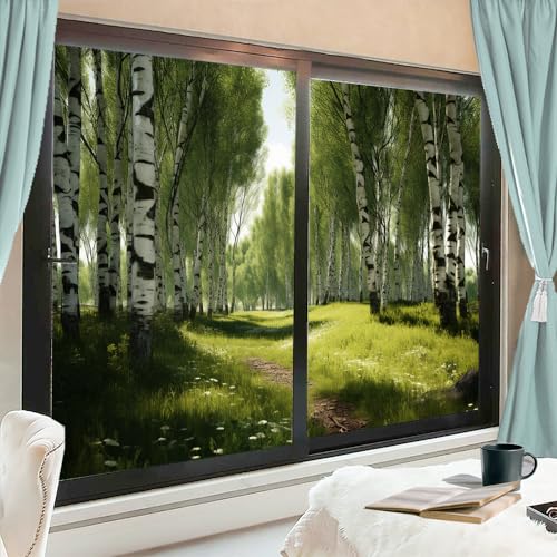 AYAROS Grüne rustikale Wälder Buntglas-Fensterfolie Natur Bäume Retro Privatsphäre Fensterfolie nicht klebende Glasfolie Dekorative statische Frischhaltefolie für Home Office 90 x 160 cm x2 Stück von AYAROS