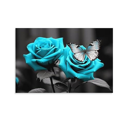 AYAROS Leinwandposter mit hellblauer Rose, schöner Schmetterling, Naturpflanze, moderne Wanddekoration, geeignet für Wohnzimmer, Schlafzimmer von AYAROS