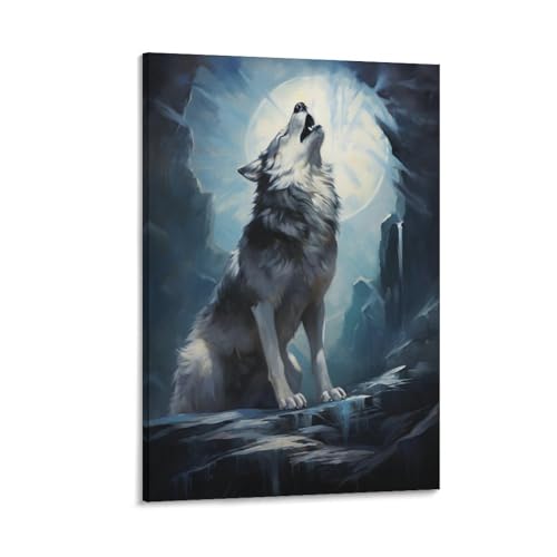 AYAROS Moonlight Heulender Wolf Kunstposter Drucke Abstrakter Stil Weißer Mond Wildtiere Leinwand Wanddekoration Kunstwerk für Home Office von AYAROS