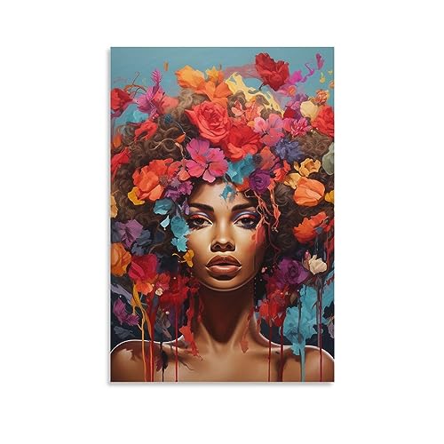 AYAROS Schwarze Frau Malerei Poster Modern Wunderschöne Schöne Blumen Leinwand Wandkunst Drucke Malerei für Haus Zimmer von AYAROS