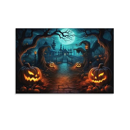 AYAROS Stille Halloween bedruckte Leinwand Poster Gruseliges Horrorschloss Kürbis Wanddekoration geeignet für Wohnzimmer Schlafzimmer von AYAROS