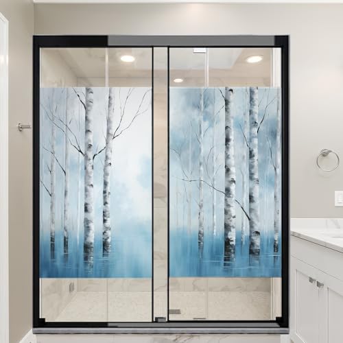 Abstrakte Flüsse Wälder Fensterfolie Privatsphäre Retro Nebel Birke Natur Landschaft Buntglas Fensterfolie Sonnenblockierung Dekorative Fensterabdeckung Folie für Home Office 90 x 140 cm x2 Stück von AYAROS