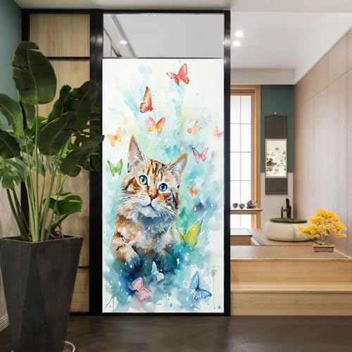 Aquarell-Katzen-Fensterfolie, Schmetterlinge und niedliches Kätzchen, Buntglas-Fensterfolie, Sonnenblockierung, Wärmeregulierung, dekorative Fensterabdeckung für Zuhause, Büro, 80 x 120 cm (B x L) von AYAROS