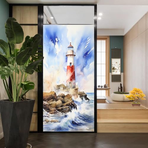 Aquarell-Leuchtturm-Fensterfolie, abstrakt, Retro, nautischer Ozean, Sichtschutz, Fensterfolie, nicht klebende Glasfolie, dekorative statische Frischhaltefolie für Zuhause, Büro, 70 x 100 cm (B x L) Aquarell-Leuchtturm-Fensterfolie, abstrakt, Retro, nautischer Ozean, Sichtschutz, Fensterfolie, nicht klebende Glasfolie, dekorative statische Frischhaltefolie für Zuhause, Büro, 70 x 100 cm (B x L) von AYAROS