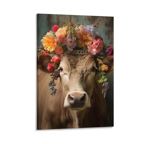 Bauernhaus-Kuh-Kunst-Posterdrucke, Blumenmuster, klassisches Tier, Retro-Leinwand, Wanddekoration, Kunstwerk für Zuhause und Büro von AYAROS