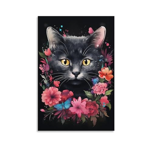 Bedrucktes Leinwandposter mit schwarzem Kätzchen, Retro-Blumen, Tier, Katze, Wanddekoration, geeignet für Wohnzimmer, Schlafzimmer von AYAROS