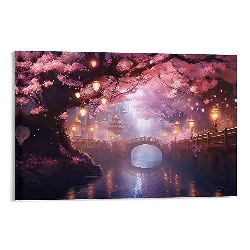 Cherry Blossom City Wandkunst Leinwand Poster Wunderschöne Lichter Blumen Altstadt Wanddekoration Poster Schlafsaal Dekor Malerei Kunst von AYAROS