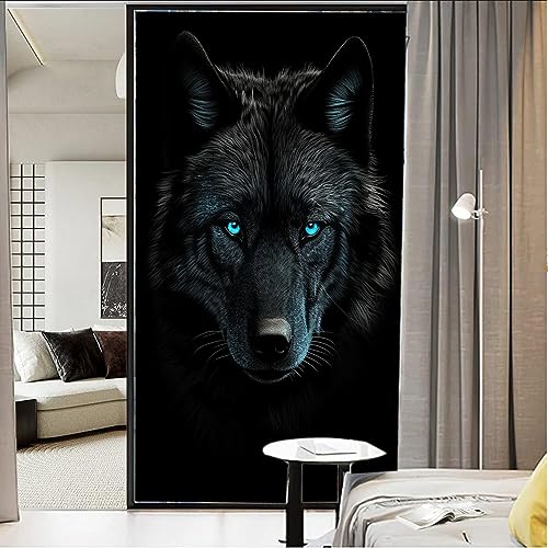 Dunkle Nacht schwarzer Wolf, Buntglas-Fensterfolie, rustikaler Retro-Stil, Sichtschutz, Fensterfolie, nicht klebende Glasfolie, dekorative statische Frischhaltefolie für Zuhause, Büro, 70 x 120 cm von AYAROS