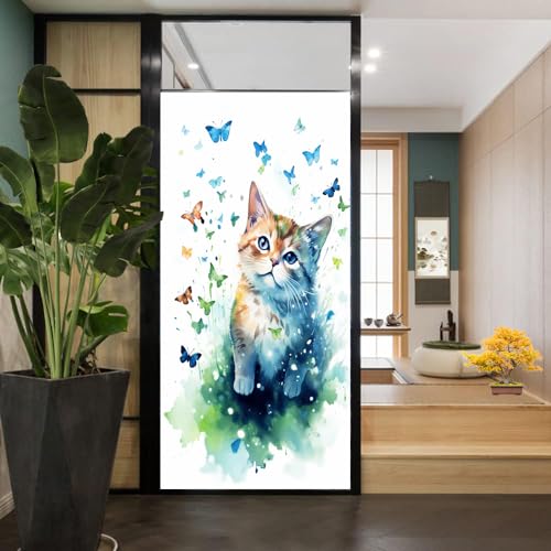 AYAROS Fensterfolie, Motiv: Kätzchen und Schmetterling, Buntglas, Aquarell, schöne Katze, Sichtschutz, Fensterfolie, nicht klebende Glasfolie, dekorative statische Haftfolie für Zuhause, Büro, 45 x 60 von AYAROS