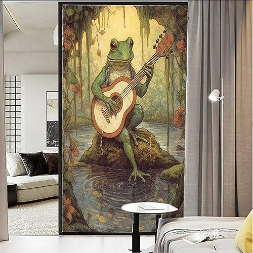 Frosch spielt Gitarre Fenster Sichtschutzfolie konzentriert sich auf das Spielen von Tierfrosch Amerikanischer Stil Buntglas-Fensterfolie Sonnenblockierung Hitzekontrolle Dekorative Fensterabdeckung von AYAROS