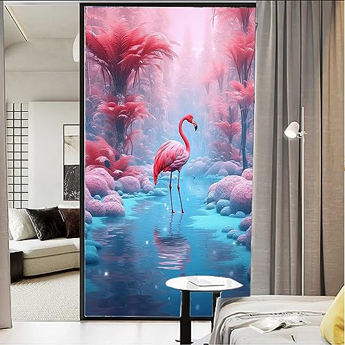 Glam Pink Flamingo Buntglas-Fensterfolie, Eiswelt, Wintertiere, Schneeszene, abstrakte Privatsphäre, Fensterfolie, nicht klebende Glasfolie, dekorative statische Frischhaltefolie für Zuhause, Büro, 60 von AYAROS