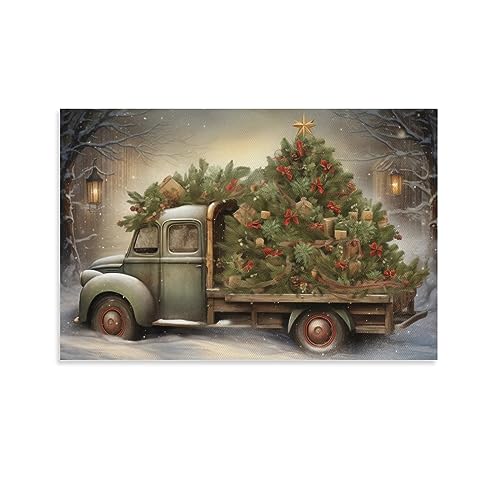 Klassischer Weihnachtsbaum Wandkunst Leinwand Poster Grüner LKW Nachtszene Klassischer Stil Wanddekoration Poster Schlafsaal Dekor Malerei Kunst von AYAROS