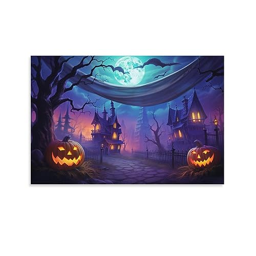 Lila Halloween Leinwand Wandkunst für Schlafzimmer Unheimliche Gruselige Kürbisse Fledermäuse Wanddekoration Poster für Zimmer Ästhetisch von AYAROS