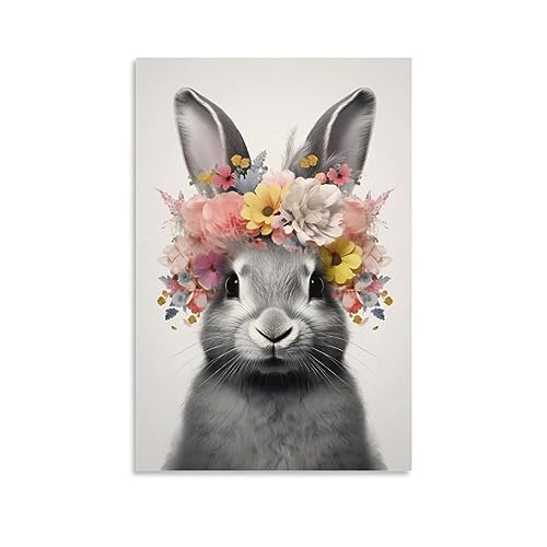 Lively Rabbit Bedruckte Leinwand Poster Mehrfarbige Blumen Grau Tier Vintage Wanddekoration Geeignet für Wohnzimmer Schlafzimmer von AYAROS