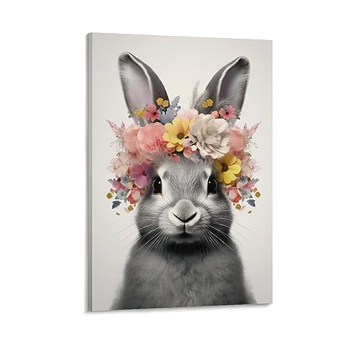 Lively Rabbit Bedruckte Leinwand Poster Mehrfarbige Blumen Grau Tier Vintage Wanddekoration Geeignet für Wohnzimmer Schlafzimmer von AYAROS