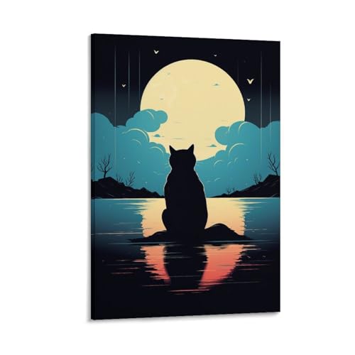 Lonely Cat Art Poster Prints Abstract Rustic Black Animal Back Bright Moon Vintage Fashion Canvas Wall Decor Artwork for Home Office von AYAROS