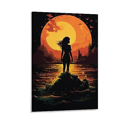 Mädchen im Wasser Leinwand Wandkunst für Schlafzimmer Anime Meer Sonnenuntergang Blick Fantasie Wanddekor Poster für Zimmer Ästhetisch von AYAROS