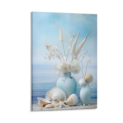 Moderne Küste Wandkunst Leinwand Poster Weiße Wildblumen Muscheln Seestern Rustikale Wanddekoration Poster Schlafsaal Dekor Malerei Kunst von AYAROS