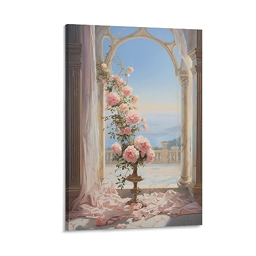 Romantische rosa Blumen Leinwand Wandkunst für Schlafzimmer Sweet European Castle View Wall Decor Poster für Zimmer Ästhetisch von AYAROS