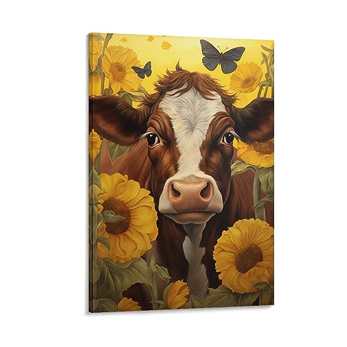 Rustikale braune Kuh Wandkunst Leinwand Poster Bauernhaus Sonnenblumen Schmetterling Tier Wanddekoration Poster Schlafsaal Dekor Malerei Kunst von AYAROS