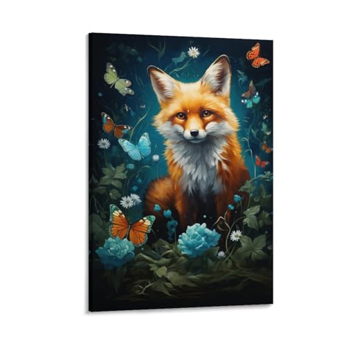 Schmetterling Fuchs Malerei Poster Modern Cartoon Muster Gelbehaarte Tier Leinwand Wandkunst Drucke Malerei für Haus Zimmer von AYAROS