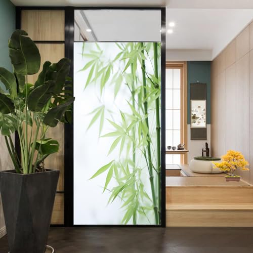 Schöne Bambus-Buntglas-Fensterfolie, natürliche grüne Baumpflanzen, Sichtschutz, Fensterfolie, nicht klebende Glasfolie, dekorative statische Frischhaltefolie für Zuhause, Büro, 80 x 120 cm (B x L) von AYAROS