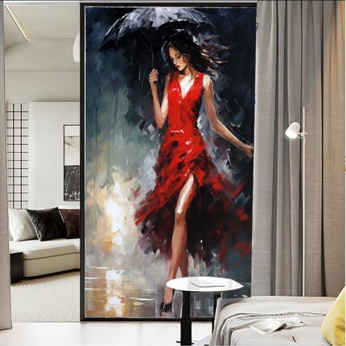 Sichtschutzfolie für Fenster, Motiv: Frau in Rot, schwarzer Regenschirm, Abstraktion, Buntglas-Fensterfolie, dekorative Fensterfolie für Fenster und Glastür, Sonnenblockierung, 80 x 120 cm (B x L) von AYAROS