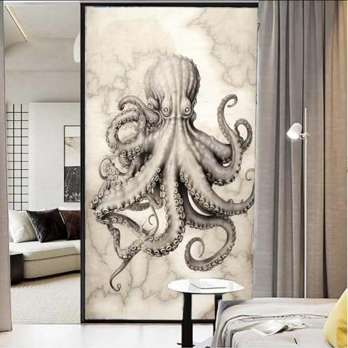 Sichtschutzfolie für Fenster, Vintage, Oktopus, Retro, nautische Karte, Tier, Buntglas, Fensterabdeckung, statisch haftende Fensterfolie für Zuhause, Büro, Geschäfte, 60 x 80 cm von AYAROS