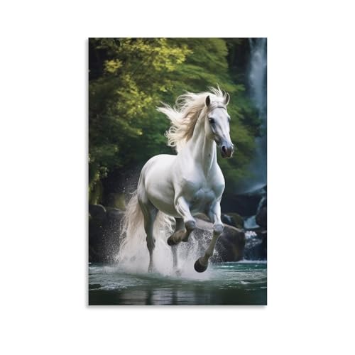 Wald weißes Pferd Leinwand Wandkunst für Schlafzimmer Tiere Streams Moderne Wanddekoration Poster für Zimmer Ästhetisch von AYAROS