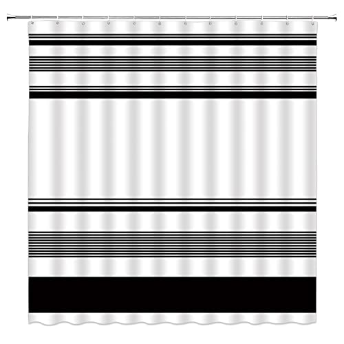 AYDSMYD Schwarz-weißer Duschvorhang, modern, schwarz gestreift, Bauernhaus, Boho, Heimstoff, Badezimmer-Dekor-Set mit Haken, 70 B x 78 H von AYDSMYD