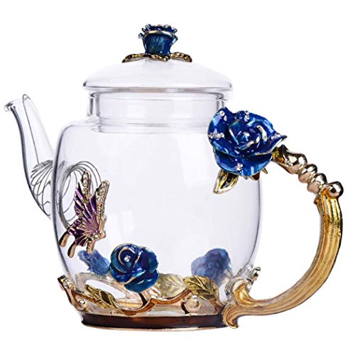 Heat-Resistant Flower Glass Tea Pot Enamel Glass Teapot Flower Enamel Glass Teapot, Creative Glass Teapot and Cup Set Crystal Glass Kung Fu Tea Cup Set (Blue) von AYES