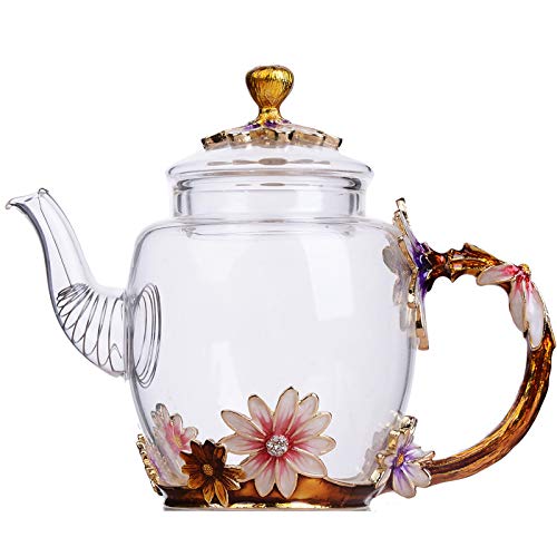 Heat-Resistant Flower Glass Tea Pot Enamel Glass Teapot Flower Enamel Glass Teapot, Creative Glass Teapot and Cup Set Crystal Glass Kung Fu Tea Cup Set (Deep Coffee Color) von AYES