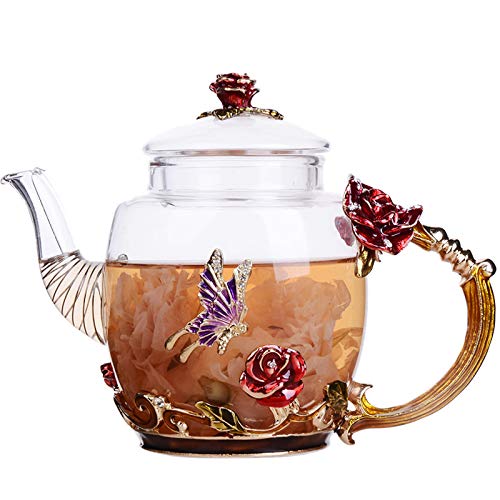 Heat-Resistant Flower Glass Tea Pot Enamel Glass Teapot Flower Enamel Glass Teapot, Creative Glass Teapot and Cup Set Crystal Glass Kung Fu Tea Cup Set (Red) von AYES