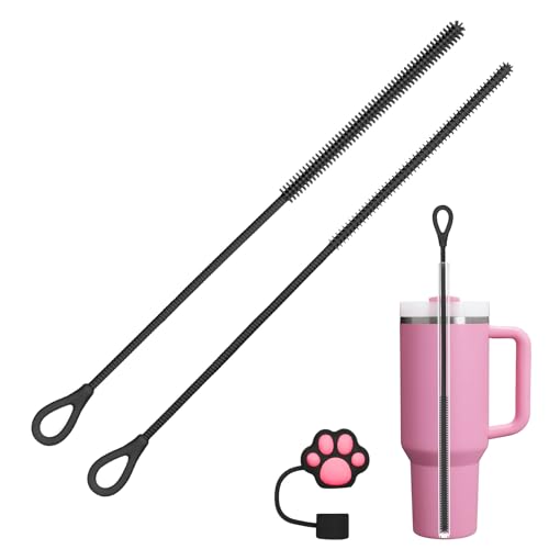 OSDUE 2 Stück Silikon Strohhalm Bürste, 6mm+9mm Extra Lang Strohhalmbürsten, Reinigungsbürste Mit 1 Stück Strohhalm-Schutzkappe, Strohhalmbürste Biegsam Für Glas Metall Stroh (Schwarz) von AYESY