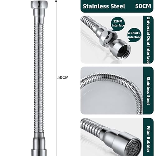 AYJYZHIAG Edelstahl 360 ° Universal Wasserhahn Extender Anti-Spritzen Kopf Düse Belüfter Biegsam Spüle Verlängerung Schlauch Küche Zubehör(50cm Outlet Pipe) von AYJYZHIAG