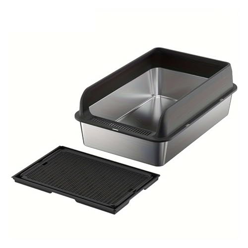 AYJYZHIAG Extra große Katzentoilette aus Edelstahl mit Deckel – geschlossene hohen Seitenwänden, widerstandsfähige, auslaufsichere Katzenstreumatte(Light Grey 60CM) von AYJYZHIAG