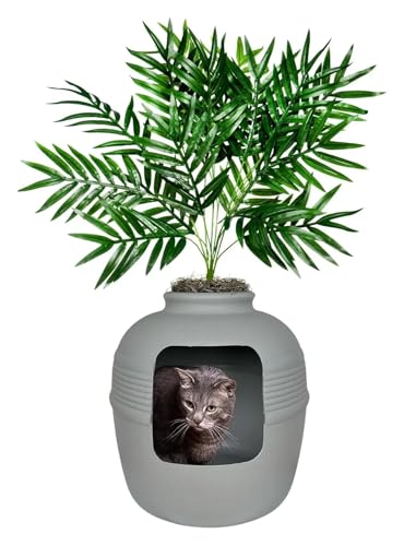 AYJYZHIAG Verstecktes Katzentoiletten-Basisset, rundes, geschlossenes Katzenpflanzgefäß mit Kunstpflanze, belüftetes Kohlefiltersystem Haube zur Geruchsbekämpfung(Stone Gray) von AYJYZHIAG