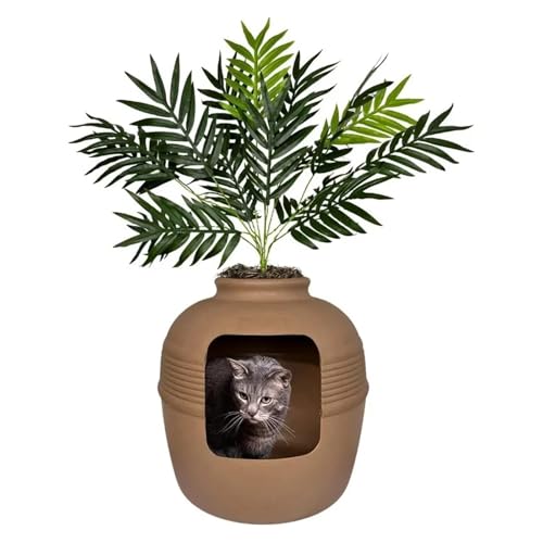 AYJYZHIAG Verstecktes Katzentoiletten-Basisset, rundes, geschlossenes Katzenpflanzgefäß mit Kunstpflanze, belüftetes Kohlefiltersystem Haube zur Geruchsbekämpfung(White Birch) von AYJYZHIAG