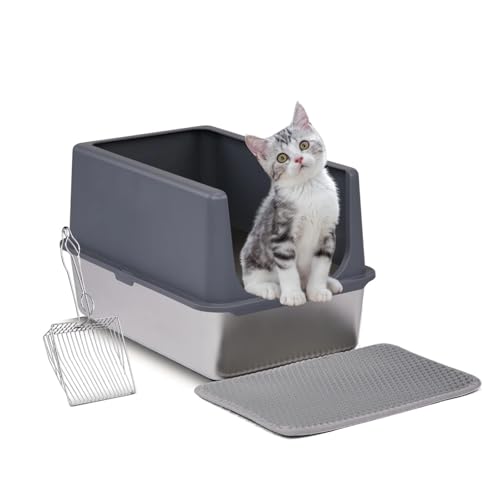 AYJYZHIAG XL-Katzentoilette aus Edelstahl mit Deckel, Katzentoilette hohen Seitenwänden, leicht zu reinigen, inkl. doppellagiger Katzenstreuunterlage und Schaufel, grau von AYJYZHIAG