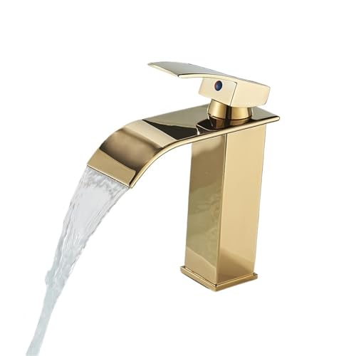 Gebürstete goldene Waschtischarmaturen, eleganter Wasserfall-Waschbeckenhahn, Einhebel-Loch-Deckmontage, Messing-Mischbatterien(Golden short) von AYJYZHIAG