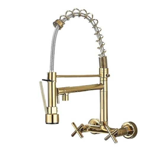 Gold Schwarz Küchenarmatur Wandmontage Pull Down Tap Gefäß Spüle Heiß Kalt Wasser Mischbatterie Feder Dual Schwenkausläufe Kran(Gold Polish) von AYJYZHIAG