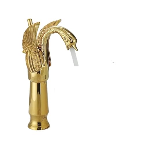 Goldener Waschbeckenhahn Deckmontage Waschbecken Kurze Wasserhähne Schwanenform Einhebelmischer Heiß- und Kaltwassermischbatterie(Gold Tall) von AYJYZHIAG