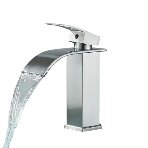 Mattschwarzer Wasserfall-Waschtischhahn Einhebelmischer Heiß- und Kaltwasser-Waschbeckenkranhahn for Badezimmerwaschbecken-Mischbatterie(Short-Brush Nickel) von AYJYZHIAG