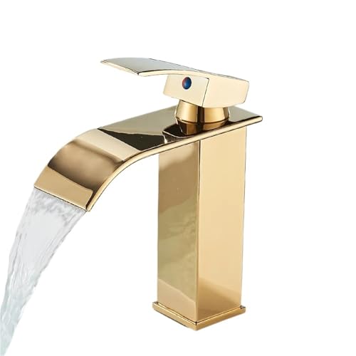 Mattschwarzer Wasserfall-Waschtischhahn Einhebelmischer Heiß- und Kaltwasser-Waschbeckenkranhahn for Badezimmerwaschbecken-Mischbatterie(Short-Shiny Gold) von AYJYZHIAG