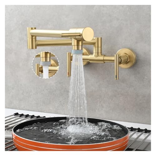 Messing Topffüller Wasserhahn 2 Löcher Wandmontage Klappküchenarmatur Heiß- und Kaltmischarmatur 3 Griffe(Gold 2 Function) von AYJYZHIAG