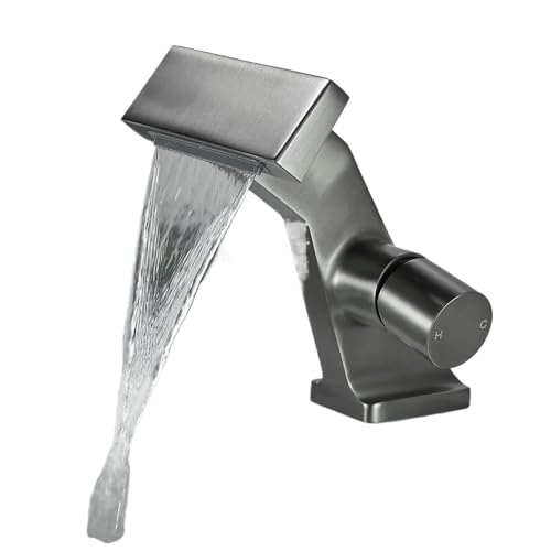 Moderner Luxus-Waschtischhahn Badezimmer Waschbecken Goldener Wasserhahn Kupfer Wasserfall Badarmaturen Warm- und Kaltmischbatterie Kran(Matte Gray,G9/16) von AYJYZHIAG