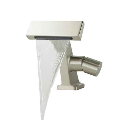 Moderner Luxus-Waschtischhahn Badezimmer Waschbecken Goldener Wasserhahn Kupfer Wasserfall Badarmaturen Warm- und Kaltmischbatterie Kran(Nickel Brushed,G1/2) von AYJYZHIAG