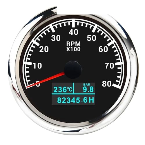 Multifunktionales 3-in-1-Messgerät mit 85 mm Anzeige, 7-farbige Hintergrundbeleuchtung, 8000 U/min Drehzahlmesser + Wassertemperatur + Ölzähler for Auto, Marine, Boot von AYJYZHIAG