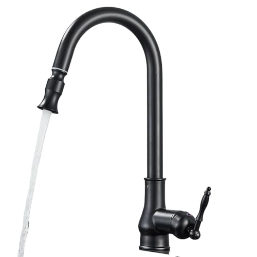 Retro Messing Küchenspüle Wasserhahn Ausziehbarer Auslauf Spray Einhand Heiß Kalt Wasser Kran for Küche Antiker(Matte Black) von AYJYZHIAG