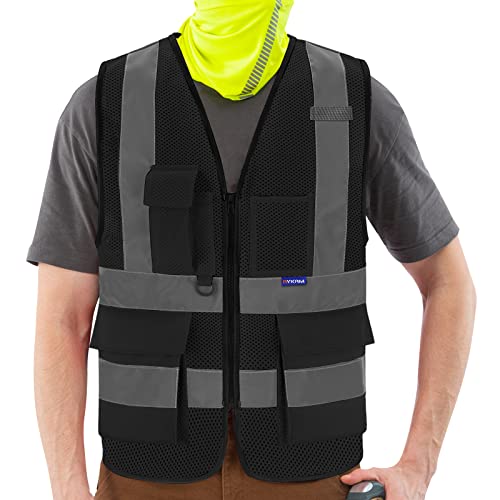 AYKRM Schwarz Warnweste netzgewebe Reflektierendes WarnschutzWeste Warnweste mit Reflektorstreifen mit Reißverschluss und Taschen Arbeitsweste von AYKRM